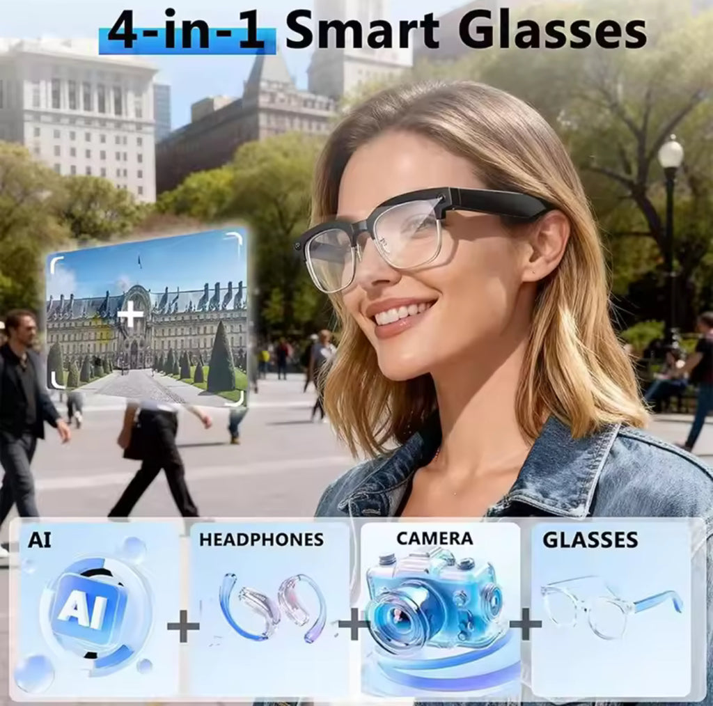 METRA AI 4-in-1 Smart Glasses, 1080p recording glasses AI built in with app integration Bluetooth capabilities with built in speakers and microphone