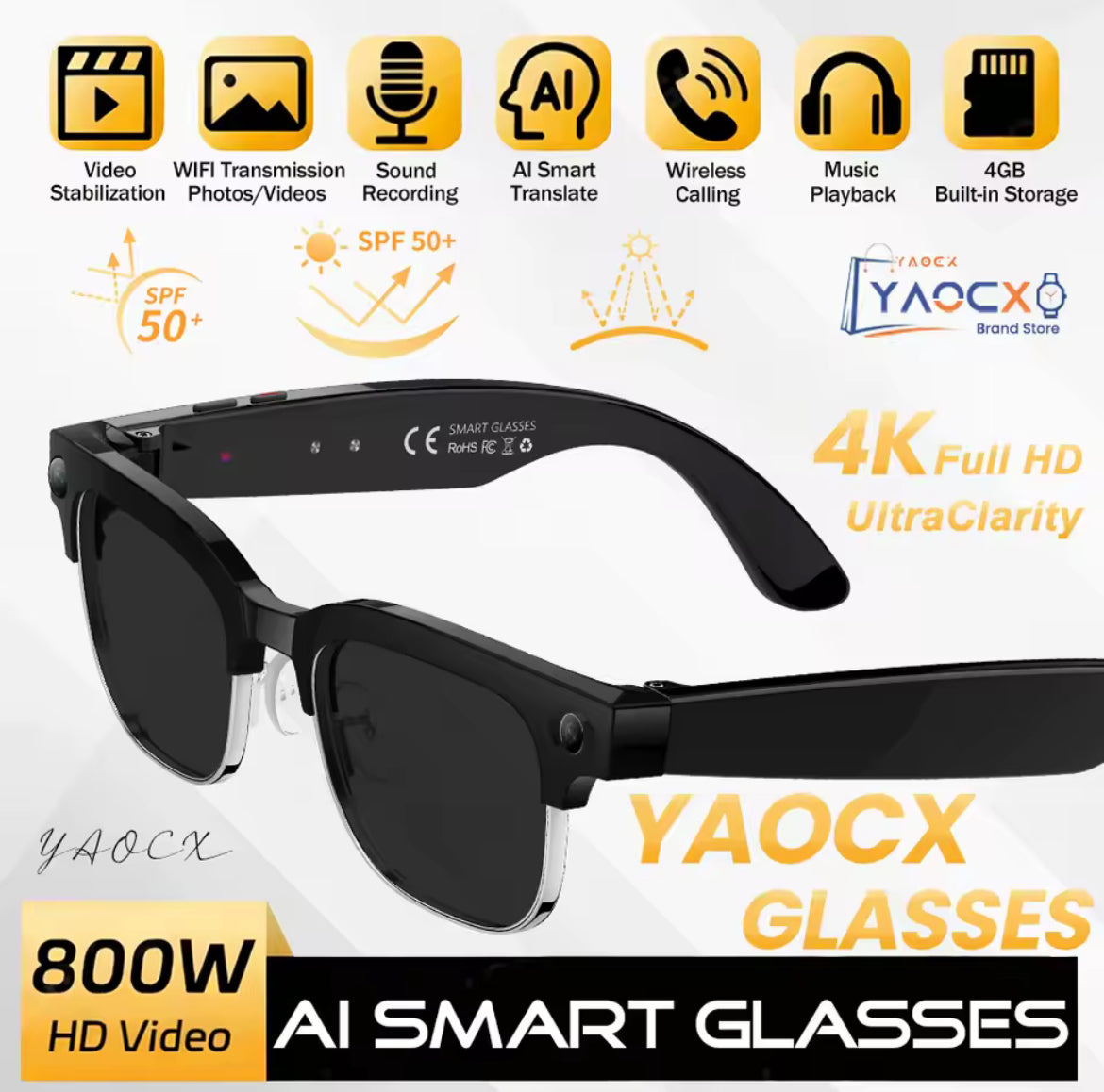 Smart AI Camera Glasses with HANDSFREE Video Recording + Bluetooth Audio